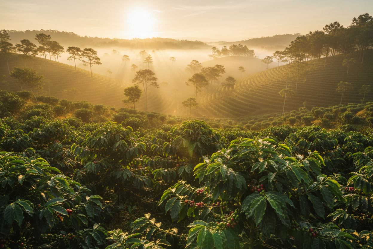 Coffee Forest with Mist and Sunlight